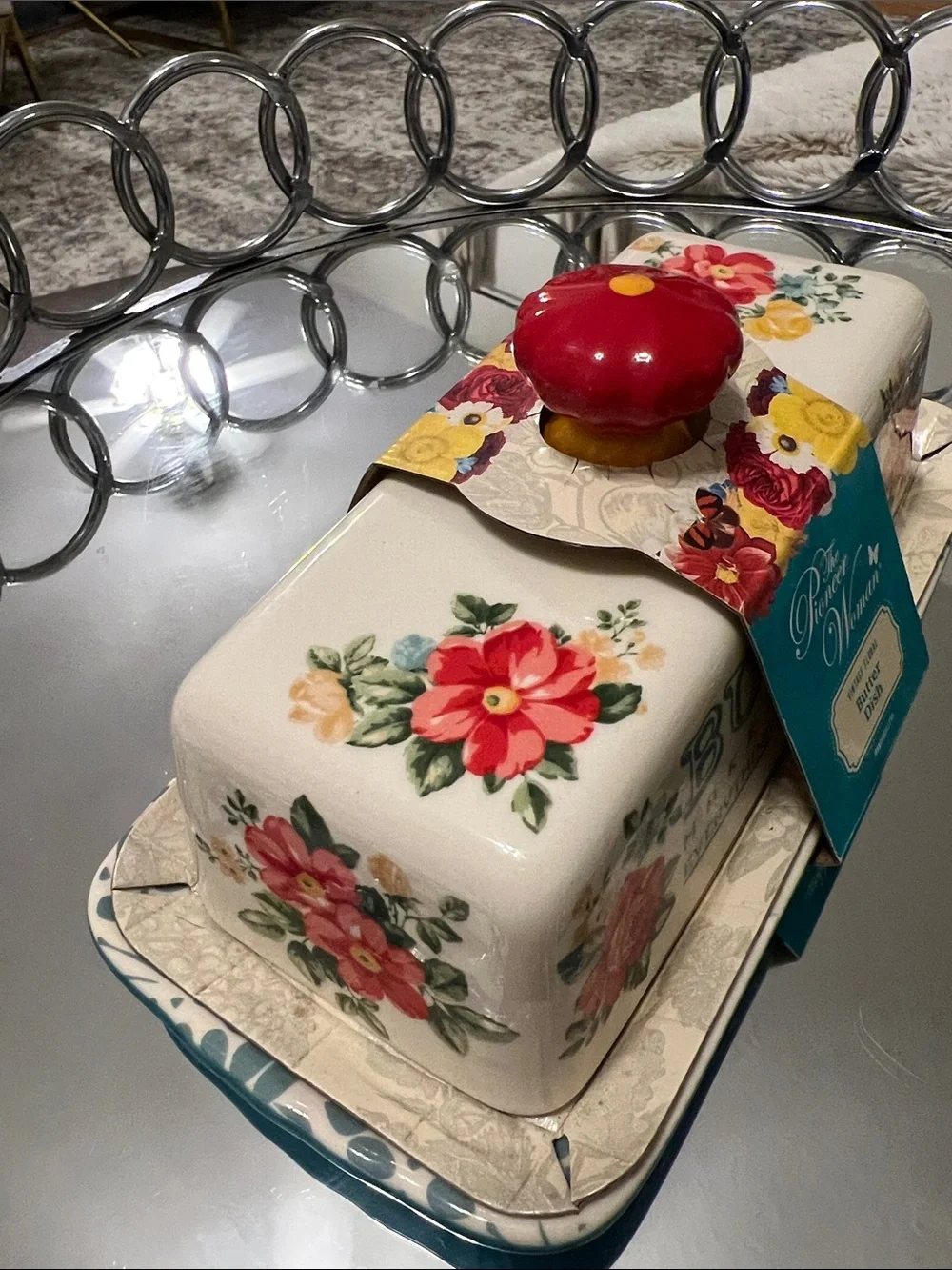The Pioneer Woman Cream Floral Butter Dish with Red Knob